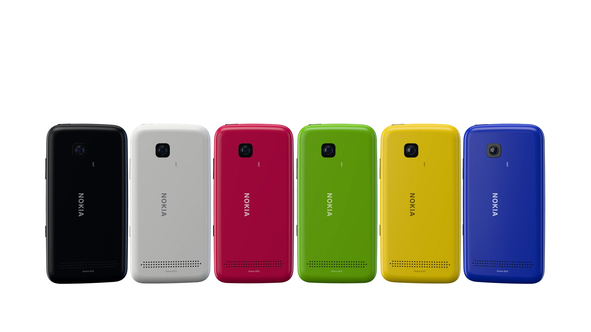 Шесть задних крышек Nokia 603: чёрная, белая, фуксия, зелёная, жёлтая и синяя